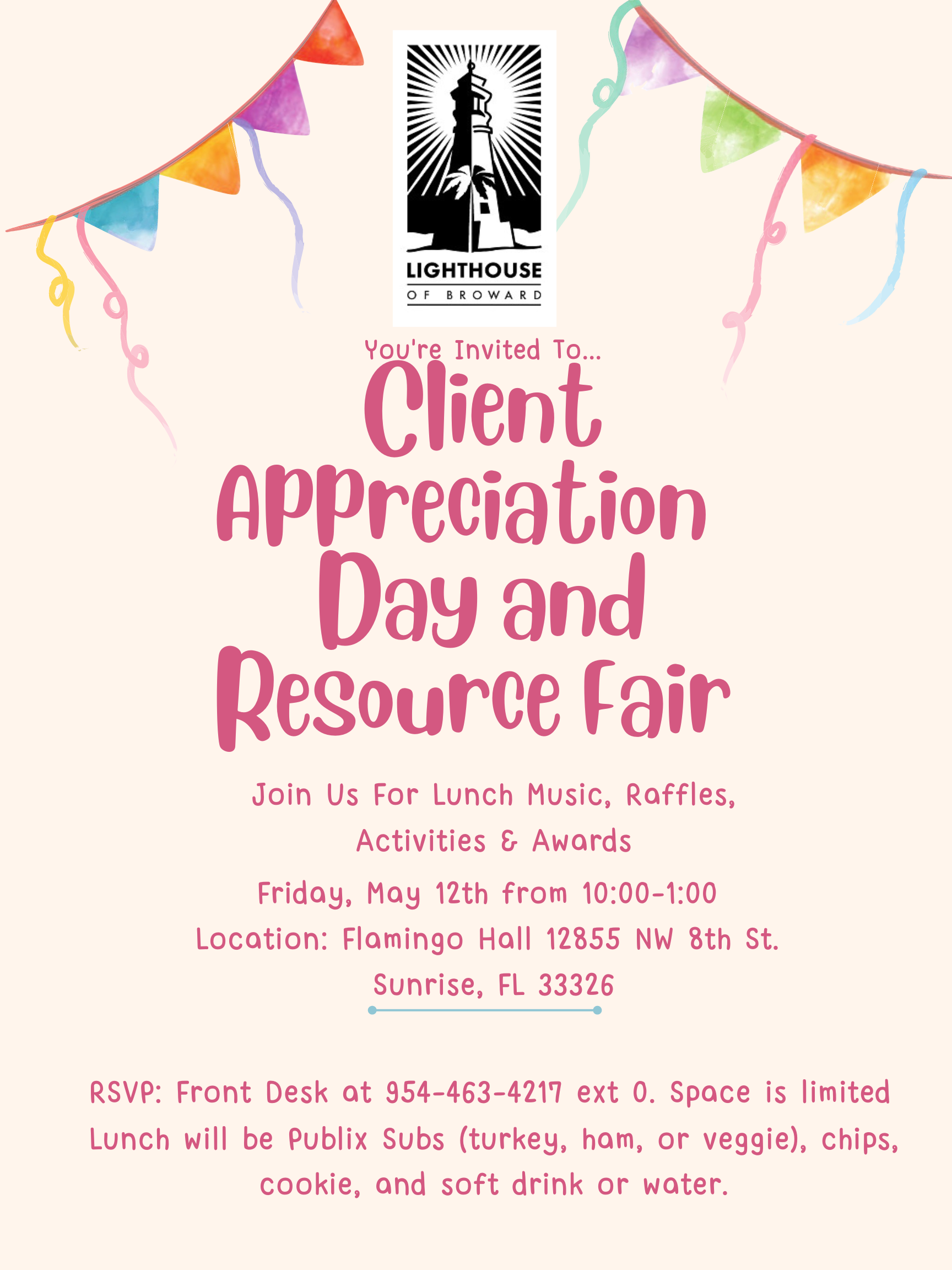 A beige flyer of the Client Appreciation Day and Resource Fair decorated with a streamer on the top left and top right