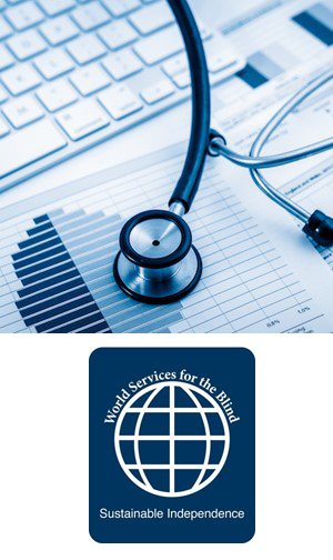 a stethoscope resting on medical billing paperwork and a laptop along with a logo for world services for the blind